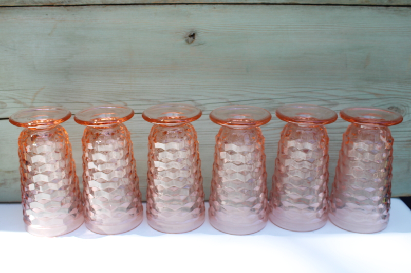 photo of vintage Colony Whitehall cube pattern glass tumblers, tall glasses peach pink colored glass #3