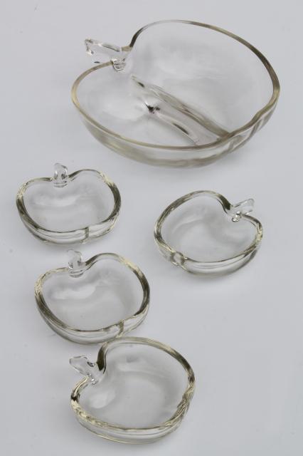 photo of vintage Colony glass apple shape divided bowl & sauce dishes, salt dips, or butter pat plates? #1