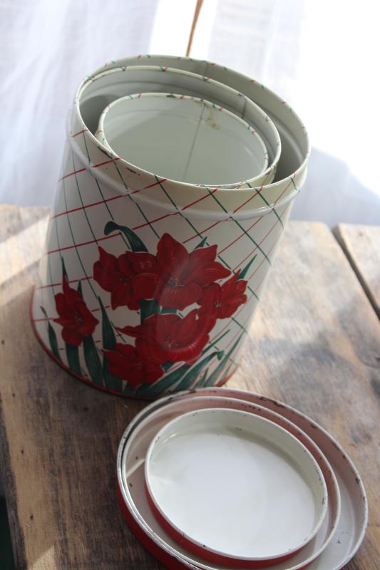 photo of vintage Colorware kitchen canisters tins set w/ Christmas amaryllis red & green #3