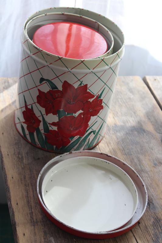 photo of vintage Colorware kitchen canisters tins set w/ Christmas amaryllis red & green #4