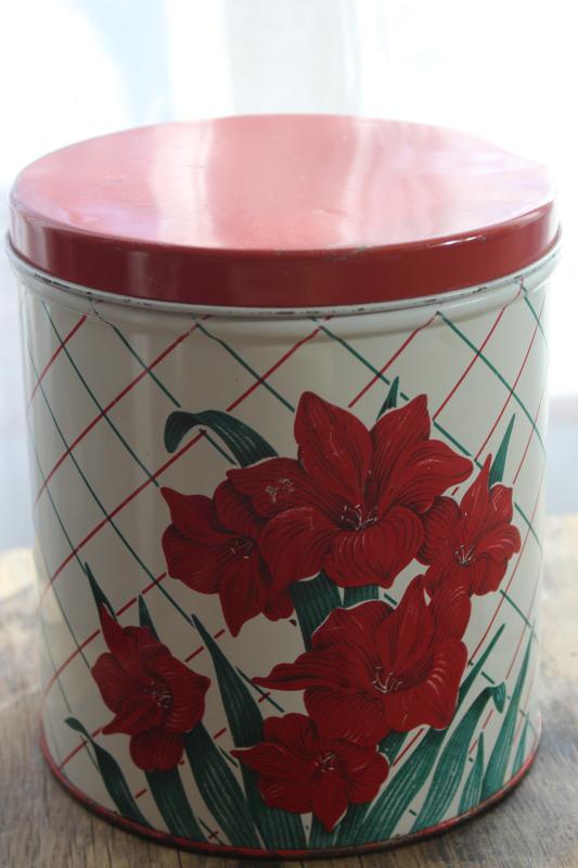 photo of vintage Colorware kitchen canisters tins set w/ Christmas amaryllis red & green #6