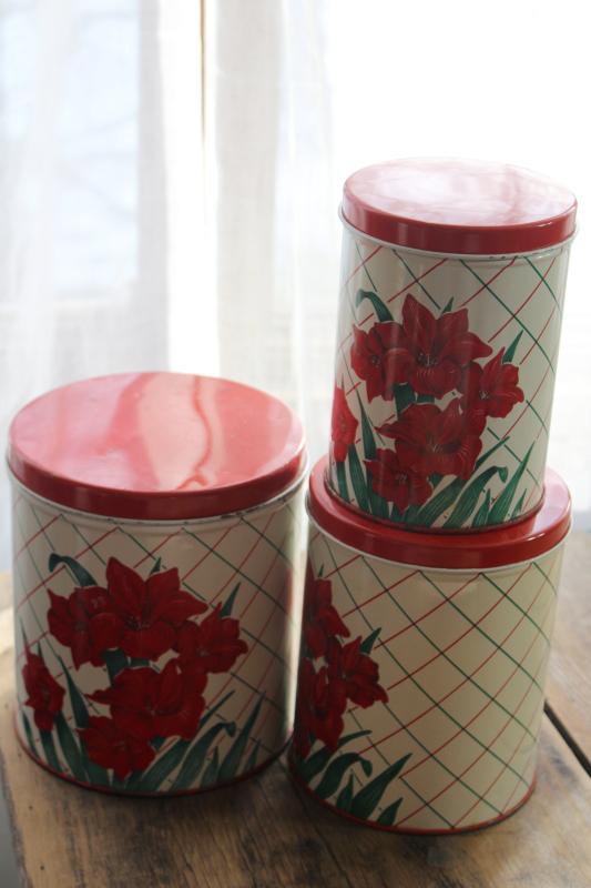 photo of vintage Colorware kitchen canisters tins set w/ Christmas amaryllis red & green #11