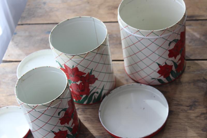 photo of vintage Colorware kitchen canisters tins set w/ Christmas amaryllis red & green #12