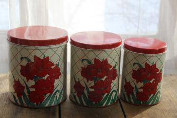 catalog photo of vintage Colorware kitchen canisters tins set w/ Christmas amaryllis red & green