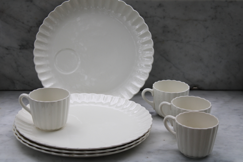 photo of vintage Copeland Spode Chelsea white fluted china, round snack plates and cups set for 4 #4