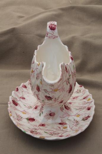 photo of vintage Copeland Spode china rosebud chintz gravy boat / sauce pitcher with underplate #2