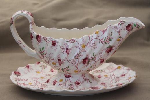 photo of vintage Copeland Spode china rosebud chintz gravy boat / sauce pitcher with underplate #3