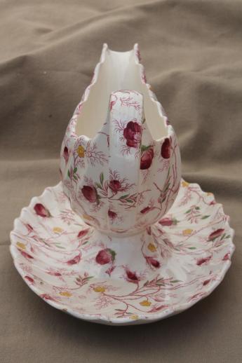 photo of vintage Copeland Spode china rosebud chintz gravy boat / sauce pitcher with underplate #4