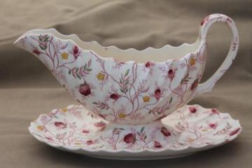 catalog photo of vintage Copeland Spode china rosebud chintz gravy boat / sauce pitcher with underplate