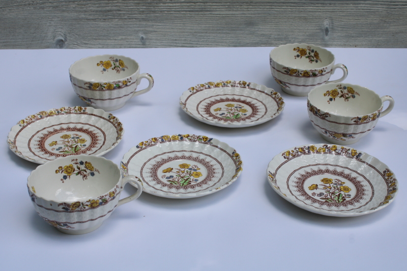 photo of vintage Copeland Spode china tea cups & saucers Buttercup pattern, yellow & brown floral  #4