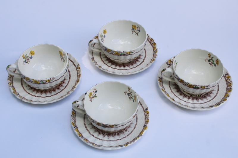 photo of vintage Copeland Spode china tea cups & saucers Buttercup pattern, yellow & brown floral  #9