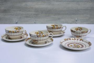catalog photo of vintage Copeland Spode china tea cups & saucers Buttercup pattern, yellow & brown floral 