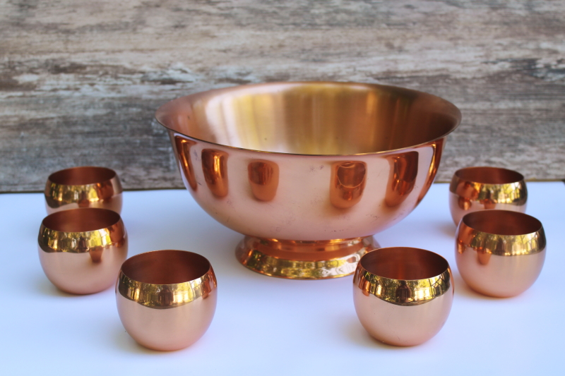 photo of vintage CopperCraft Guild solid copper punch set, huge Revere bowl w/ Jefferson cups  #1