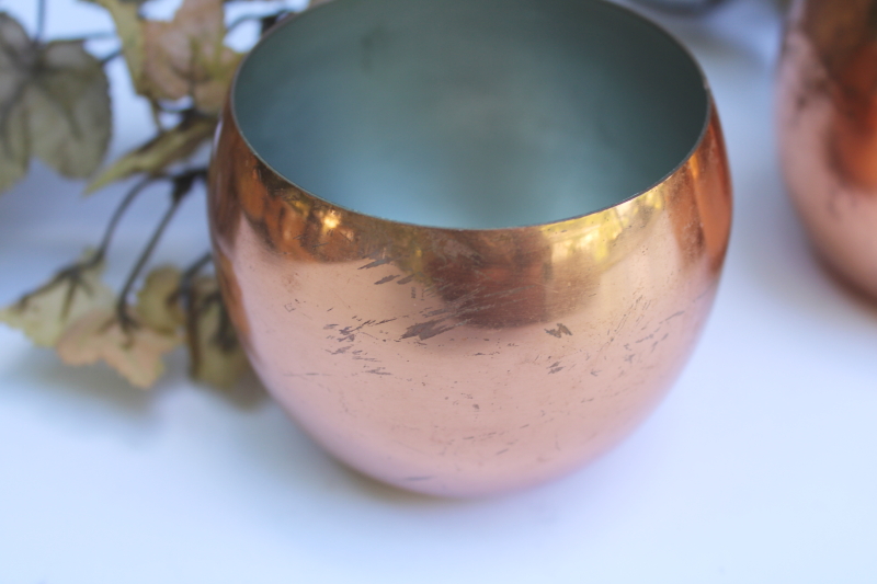 photo of vintage Coppercraft Guild copper plated roly poly cups, short round tumblers or planters #3