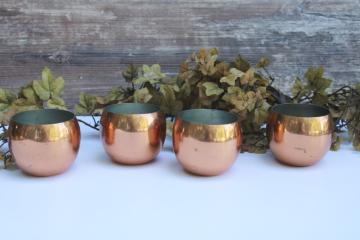 catalog photo of vintage Coppercraft Guild copper plated roly poly cups, short round tumblers or planters 