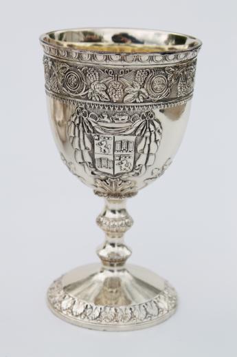 photo of vintage Corbell silver plate goblet wine glasses w/ ornate crest coat of arms #2