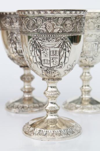 photo of vintage Corbell silver plate goblet wine glasses w/ ornate crest coat of arms #4