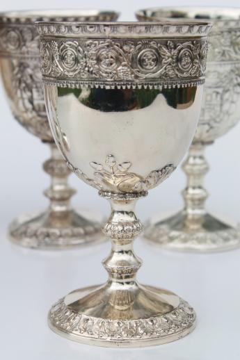 photo of vintage Corbell silver plate goblet wine glasses w/ ornate crest coat of arms #5