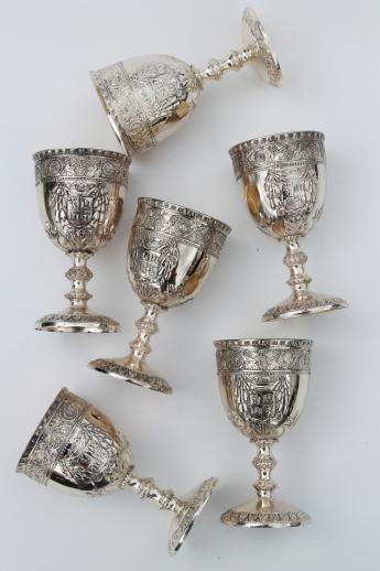 photo of vintage Corbell silver plate goblet wine glasses w/ ornate crest coat of arms #9