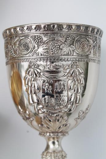 photo of vintage Corbell silver plate goblet wine glasses w/ ornate crest coat of arms #10