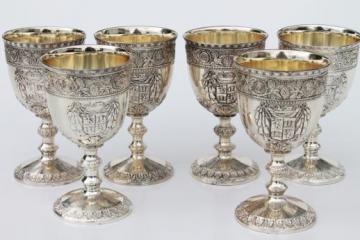 catalog photo of vintage Corbell silver plate goblet wine glasses w/ ornate crest coat of arms