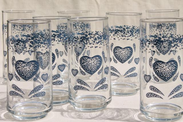 photo of vintage Corelle blue heart go-along glassware, mint in box glass tumblers w/ sponged hearts #1