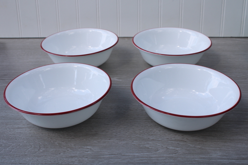 photo of vintage Corelle ruby red band white soup or cereal bowls, bandhani pattern go along #1