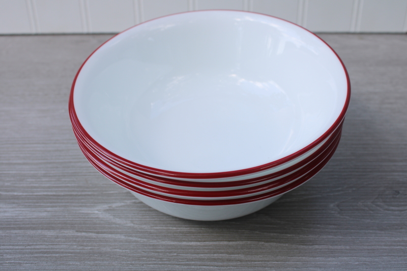 photo of vintage Corelle ruby red band white soup or cereal bowls, bandhani pattern go along #3