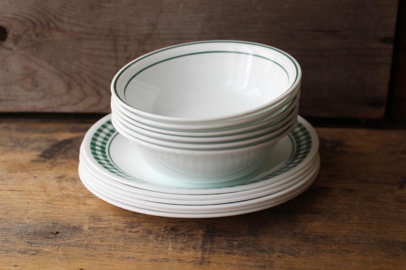 photo of vintage Corelle salad plates and bowls, white & hunter green gingham checked border #7