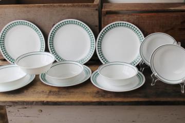 photo of vintage Corelle salad plates and bowls, white & hunter green gingham checked border