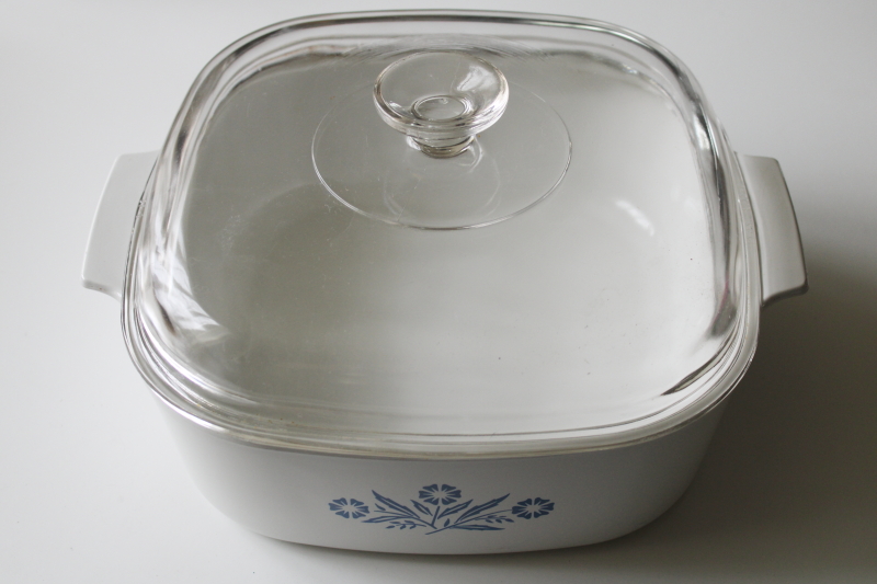 photo of vintage Corning Ware blue cornflower pattern 4 quart casserole A 84 B with clear glass lid Pyrex A 12 C #1