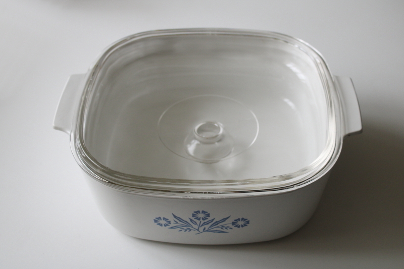 photo of vintage Corning Ware blue cornflower pattern 4 quart casserole A 84 B with clear glass lid Pyrex A 12 C  #8