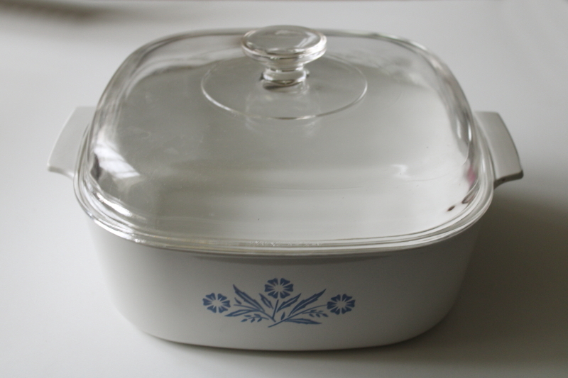 photo of vintage Corning Ware blue cornflower pattern 4 quart casserole A 84 B with clear glass lid Pyrex A 12 C  #9