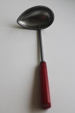 vintage Corona stainless ladle, egg shaped dipper with cherry red bakelite handle 