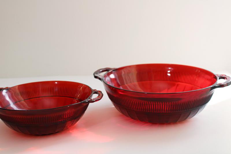 photo of vintage Coronation pattern royal ruby red depression glass dishes, large & small bowls #1