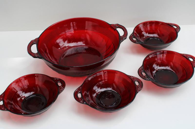photo of vintage Coronation pattern royal ruby red depression glass fruit bowls, dessert dishes set #2