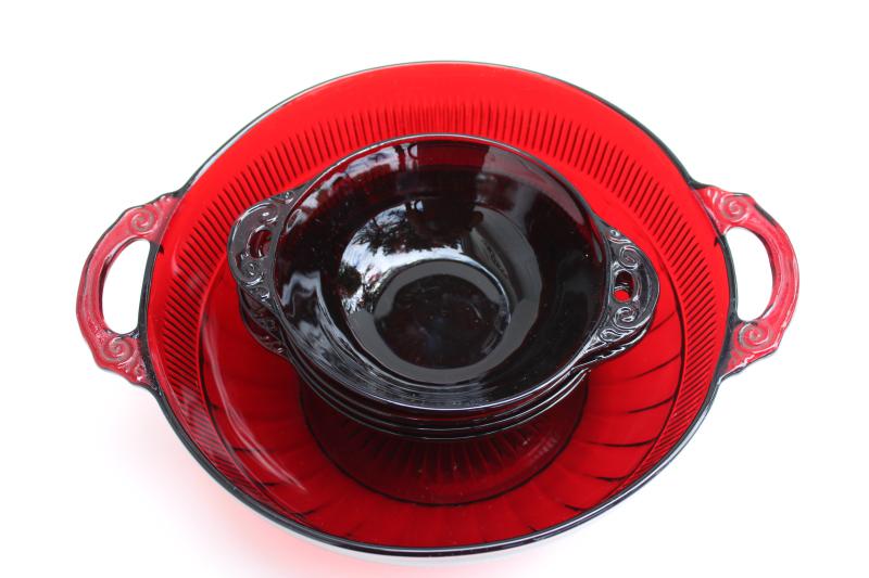photo of vintage Coronation pattern royal ruby red depression glass fruit bowls, dessert dishes set #6