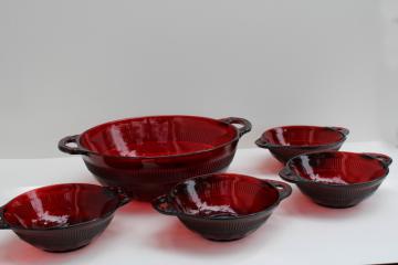 catalog photo of vintage Coronation pattern royal ruby red depression glass fruit bowls, dessert dishes set