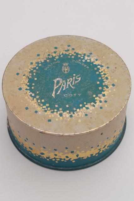 photo of vintage Coty Paris perfume dusting powder, art deco blue & gold puff box #1