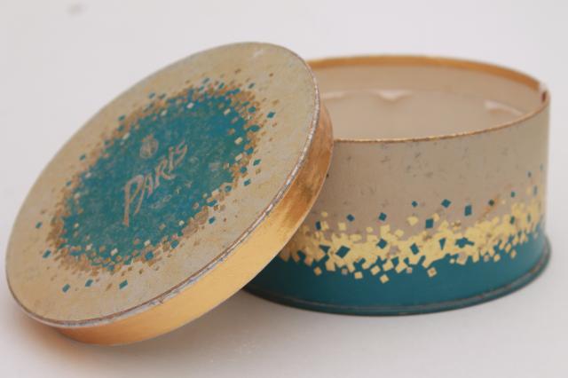 photo of vintage Coty Paris perfume dusting powder, art deco blue & gold puff box #4