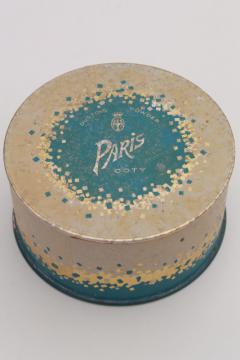 catalog photo of vintage Coty Paris perfume dusting powder, art deco blue & gold puff box