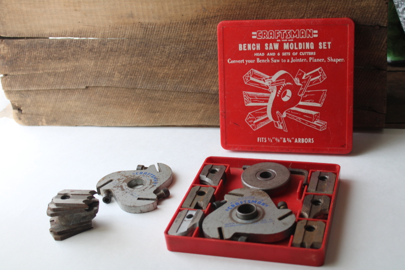 photo of vintage Craftsman 9-3200 table saw molding kit, woodworking tool router style joiner & shaping cutters #1