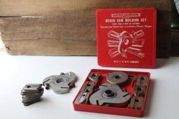 catalog photo of vintage Craftsman 9-3200 table saw molding kit, woodworking tool router style joiner & shaping cutters