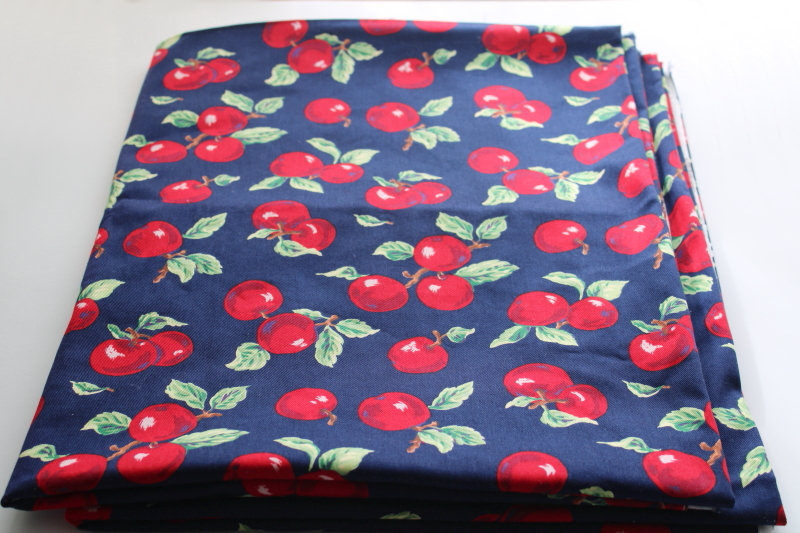 photo of vintage Cranston print cotton fabric, big red apples on navy blue medium weight twill for home decor etc #1