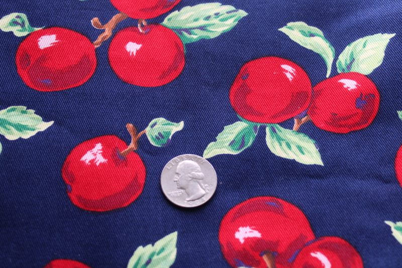 photo of vintage Cranston print cotton fabric, big red apples on navy blue medium weight twill for home decor etc  #4