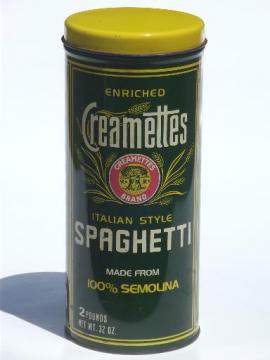 catalog photo of vintage Creamettes  tin, kitchen canister for spaghetti or macaroni 