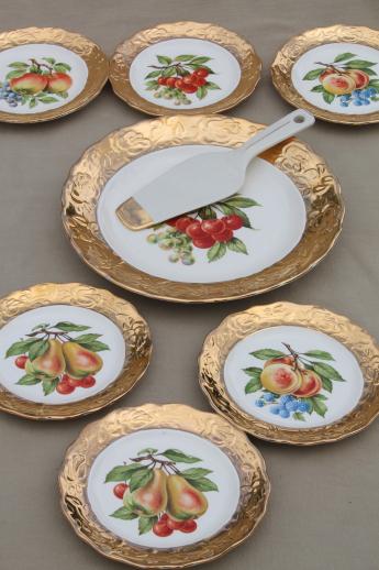 photo of vintage Crest o Gold encrusted china, fruit pattern dessert plates, tray & server set #1