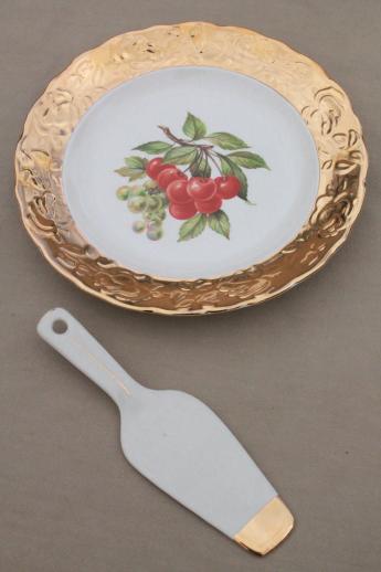 photo of vintage Crest o Gold encrusted china, fruit pattern dessert plates, tray & server set #3