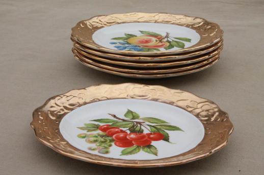 photo of vintage Crest o Gold encrusted china, fruit pattern dessert plates, tray & server set #7