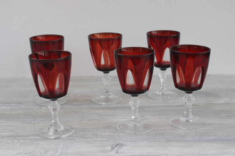 photo of vintage Cristal dArques Arcoroc ruby red / clear glass wine glasses, Gothic goblets #1